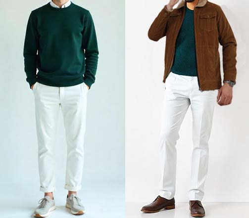 An image of 2 dressing combinations for men 1.Dark green Sweater paired with white Trousers 2. Dark green Sweater paired with white Trousers layered Brown lightweight jacket