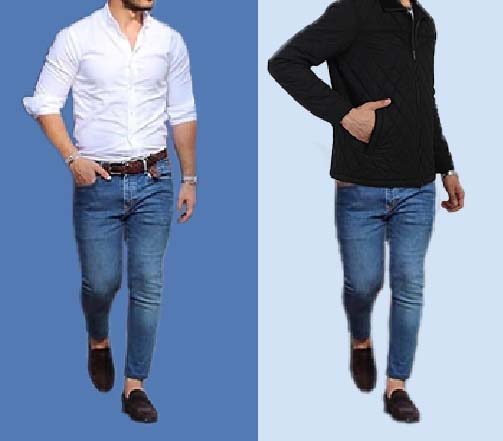 An image of 2 dressing combinations for men 1.white Shirt paired with Navy blue jeans 2. white Shirt paired with Navy blue jeans and layered black jacket 