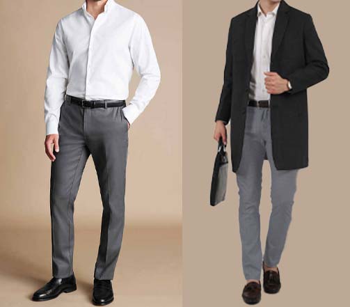 An image of 2 dressing combinations for men 1.white Shirt paired with Charcoal Grey Trousers 2.white Shirt paired with Charcoal Grey Trousers and layered with grey coat