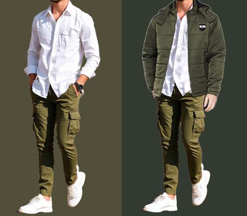 An image of 2 dressing combinations for men 1.white Shirt paired olive green cargo pant 2. white Shirt paired olive green cargo pant and layered with olive green utility jacket 