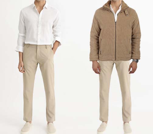 An image of 2 dressing combinations for men 1.White Shirt paired with beige trousers 2. White Shirt paired with beige trousers and layered with camel overcoat 