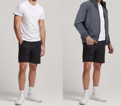 An image of 2 dressing combination for men 1. white t-shirt paired with black short 2. white Shirt paired with beige trousers and layered with bomber jacket