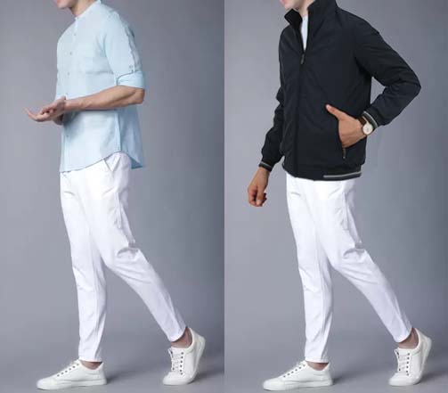 An image of 2 dressing combinations for men 1. Light blue shirt with white casual pant 2. Light blue shirt with white casual pant and layered with navy coat 