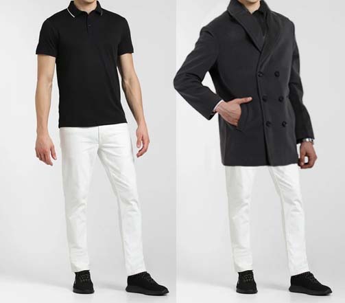 An image of 2 dressing combinations for men 1. Black polo t-shirt with white casual pant 2. Black polo t-shirt with white casual pants and layered with charcoal overcoat 