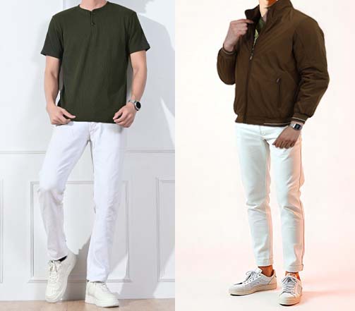 An image of 2 dressing combinations for men 1. Olive green henley with white trousers 2. Olive green henley with white trousers and layered with olive green utility jacket