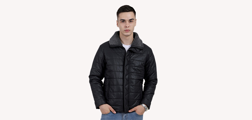 A man wearing a Black High Neck Leather look Jacket with zipper closure, and pocket in hand designed for casual winter layering and comfort