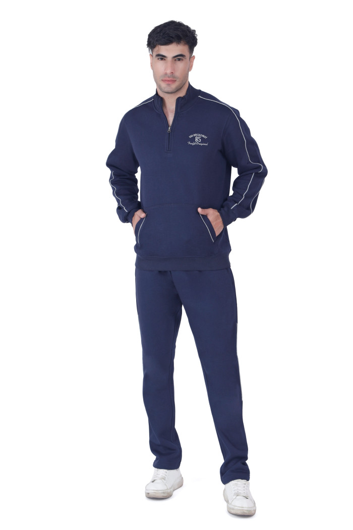 Men's Solid High Neck Tracksuit in Navy