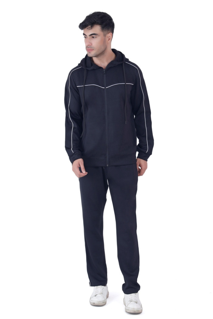 Men's Solid Hooded Neck Tracksuit in Black