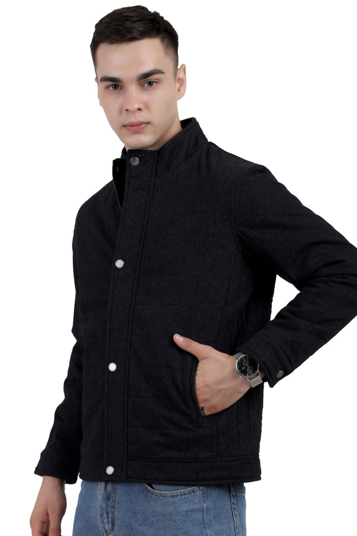 A left pose of a Black High Neck Quilted Jacket with zipper closure , Button Placket, and pocket in hand designed for casual winter layering and comfort.