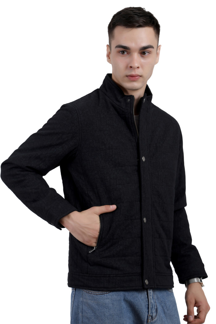 A right pose of a Black High Neck Quilted Jacket with mock collar, zipper closure Button Placket, and pocket in hand designed for casual winter layering and comfort.