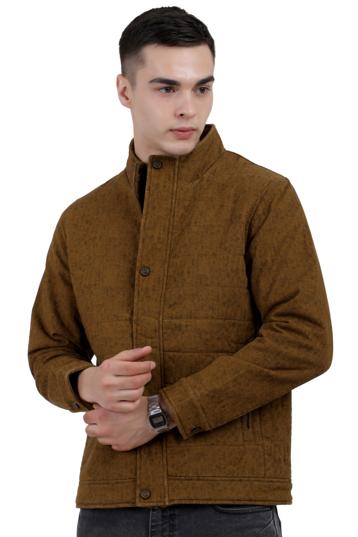 A man wearing a mustard High Neck Quilted Jacket with zipper closure Button Placket, and pocket in hand designed for casual winter layering and comfort.