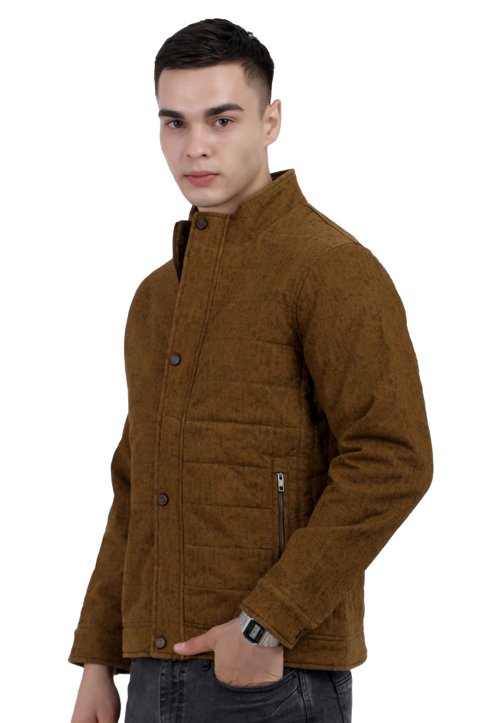 A left pose of a mustard High Neck Quilted Jacket with zipper closure Button Placket, and pocket in hand designed for casual winter layering and comfort.