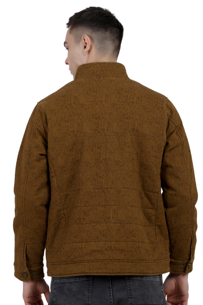 A back pose of a man wearing a mustard High Neck Quilted Jacket with zipper closure Button Placket, and pocket in hand designed for casual winter layering and comfort.