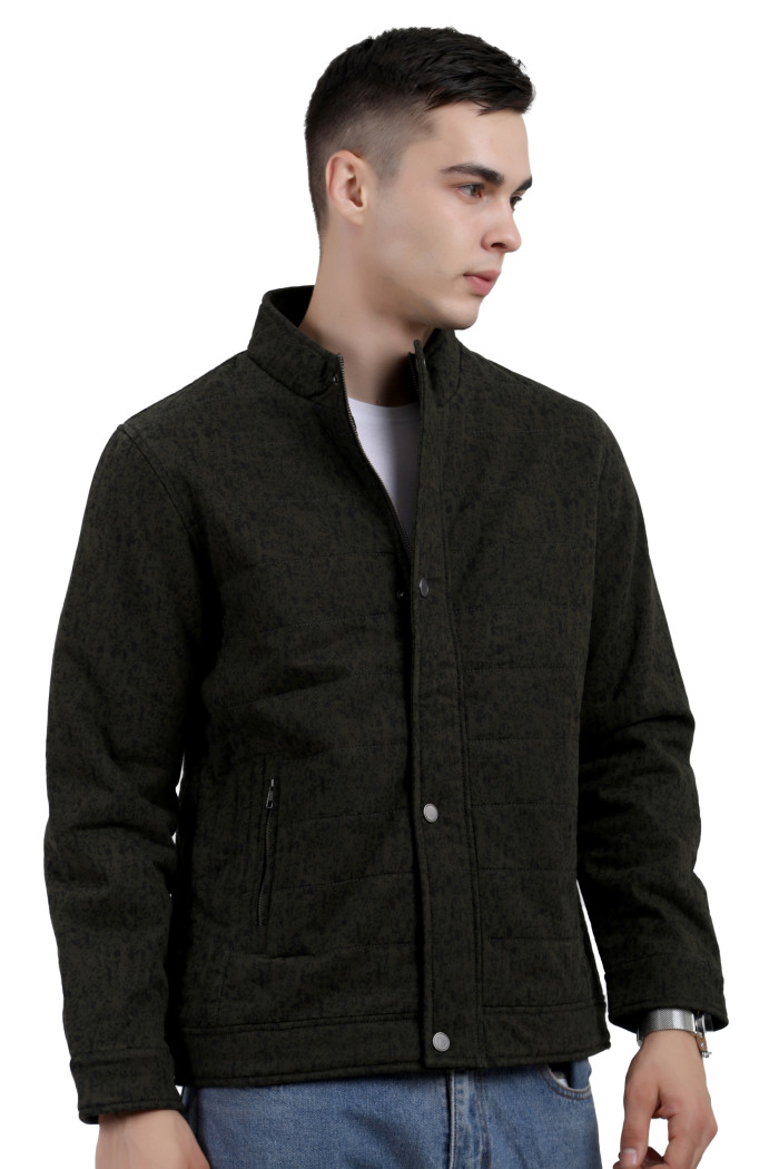 A right pose of an olive High Neck Quilted Jacket with mock collar, zipper closure Button Placket, and pocket in hand designed for casual winter layering and comfort.