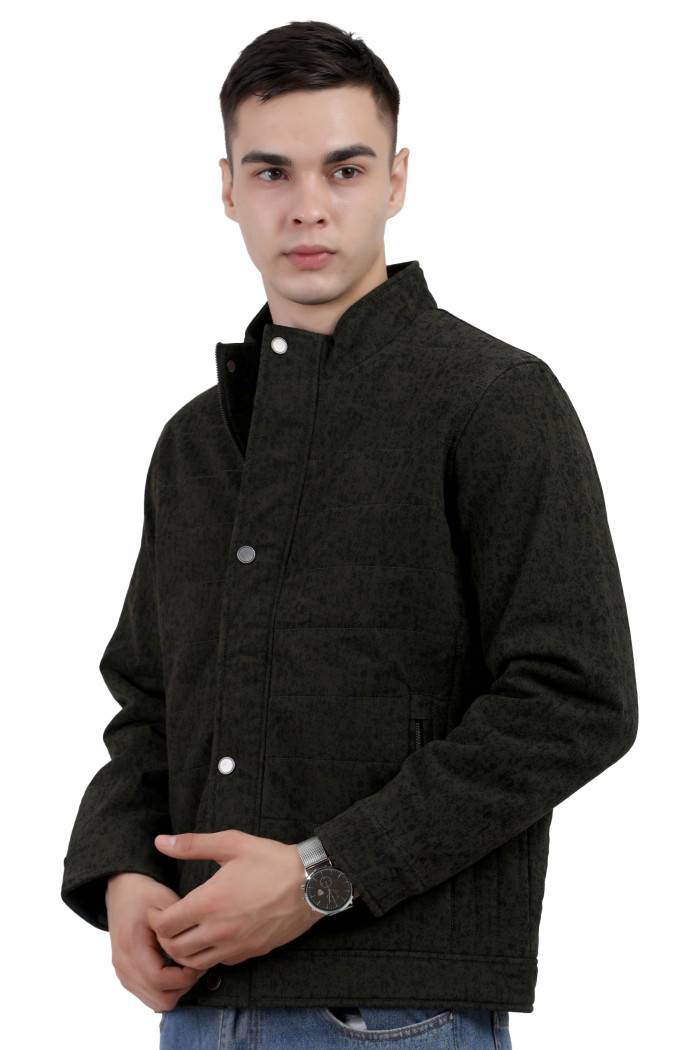 A left pose of an olive High Neck Quilted Jacket with zipper closure , Button Placket, and pocket in hand designed for casual winter layering and comfort.