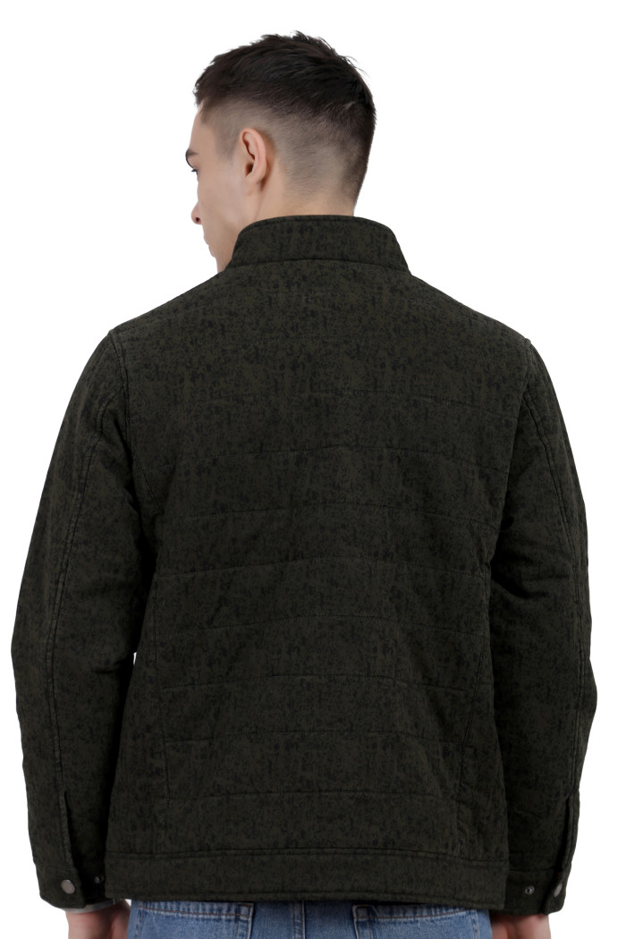 A back pose of a man wearing an olive High Neck Quilted Jacket with zipper closure Button Placket, and pocket in hand designed for casual winter layering and comfort.