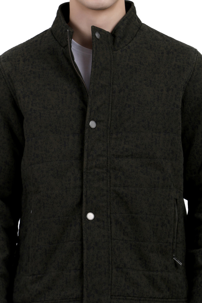 A cropped image of a man wearing an olive High Neck Quilted Jacket with zipper closure Button Placket, and pocket in hand designed for casual winter layering and comfort.