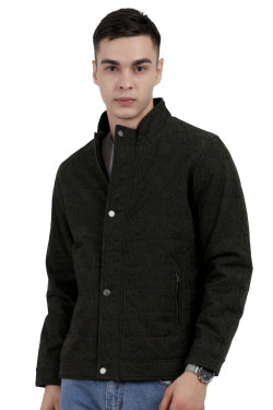 A man wearing an olive High Neck Quilted Jacket with zipper closure Button Placket, and pocket in hand designed for casual winter layering and comfort.