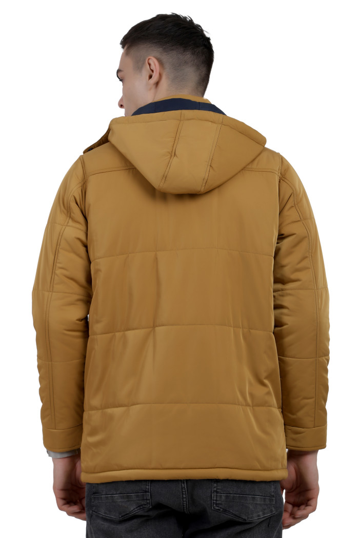 A back pose of a Mustard wearing a Red quilted jacket with a high neck collar, hood , zipper closure and pocket in hand designed for casual winter layering and comfort.