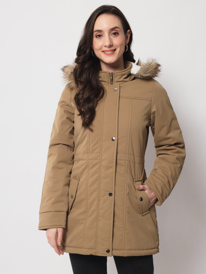 Women Parka Chinese Collar Jacket With Removable Fur Hood - Khaki