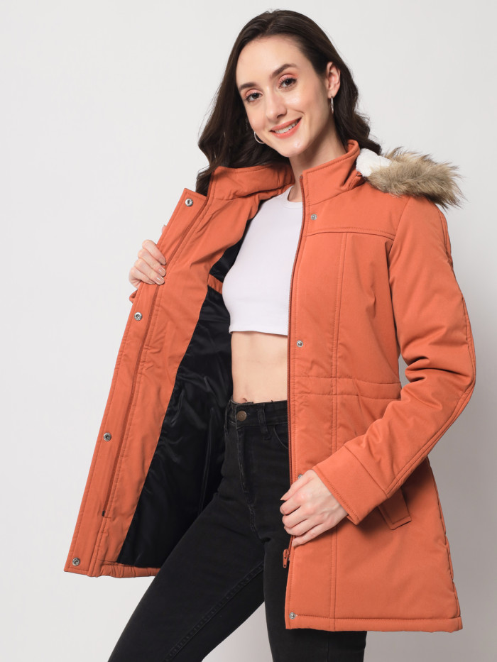 A model showcasing Women Parka Chinese Collar Jacket With Removable Fur Hood thumbnail.