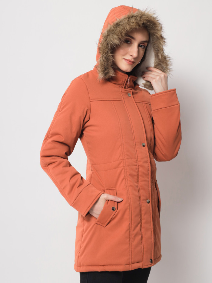 A model showcasing Women Parka Chinese Collar Jacket With Removable Fur Hood thumbnail.