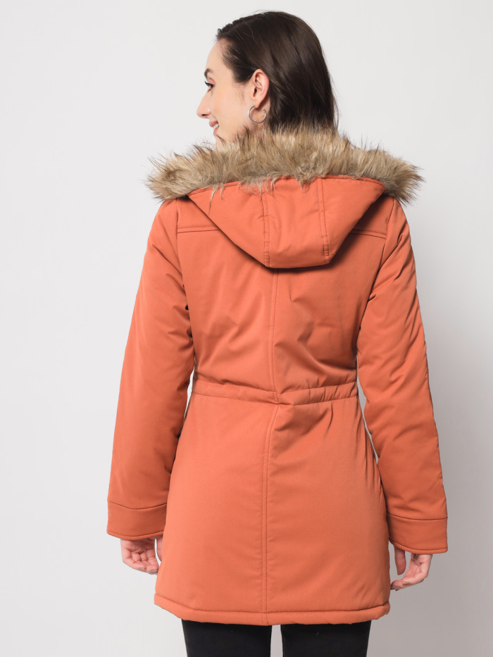 A model showcasing Women Parka Chinese Collar Jacket With Removable Fur Hood thumbnail.