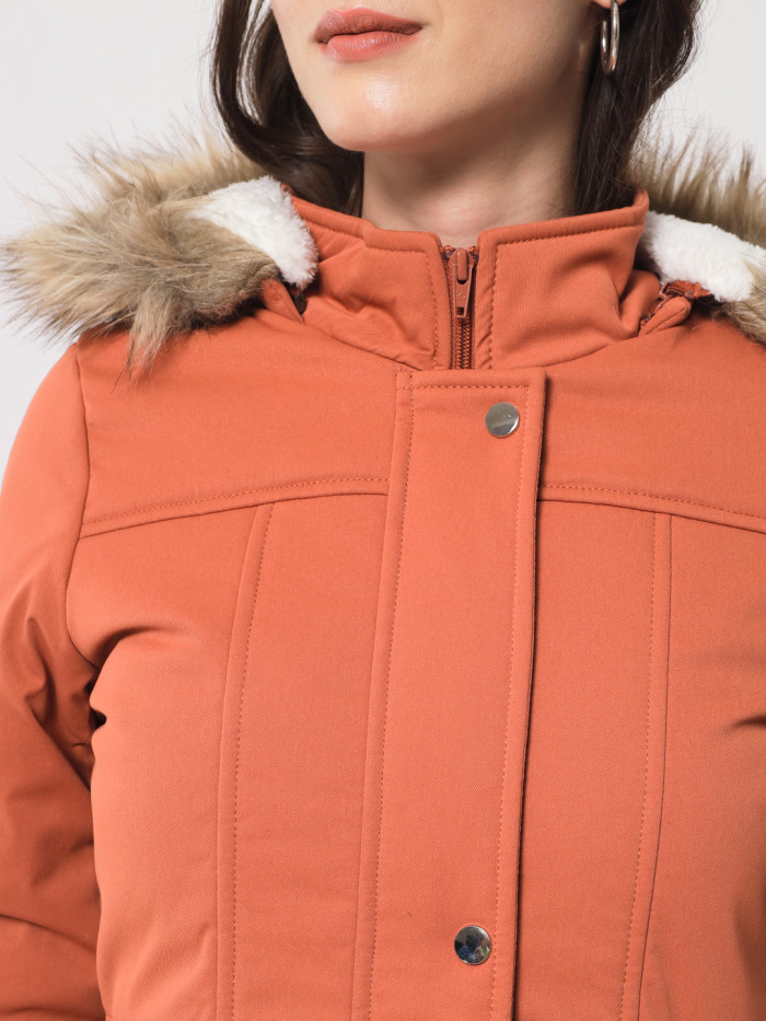 A model showcasing Women Parka Chinese Collar Jacket With Removable Fur Hood thumbnail.