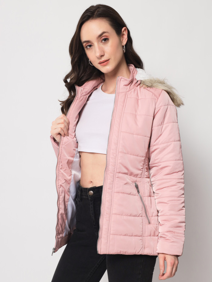 A model showcasing Women Puffer Jacket With Removable Faux Fur & Chinese Collar thumbnail.