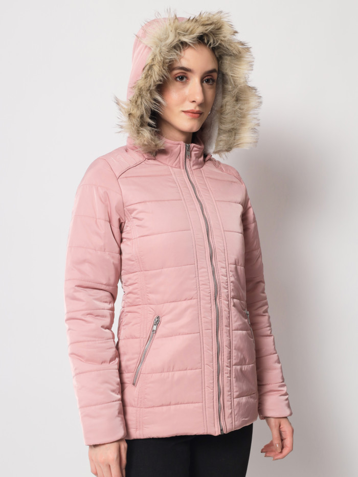 A model showcasing Women Puffer Jacket With Removable Faux Fur & Chinese Collar thumbnail.