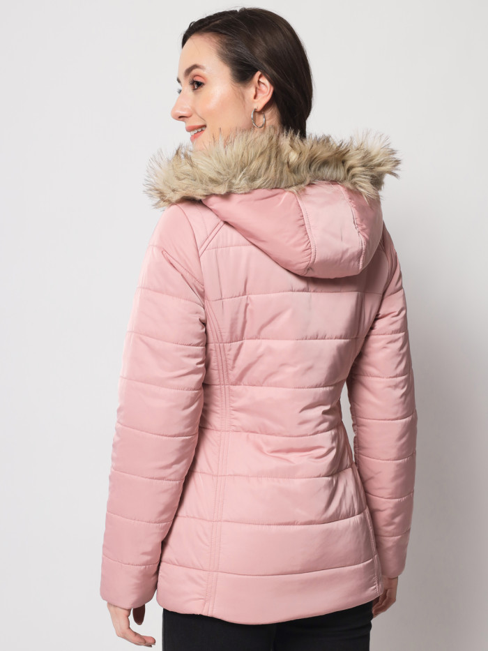 A model showcasing Women Puffer Jacket With Removable Faux Fur & Chinese Collar thumbnail.