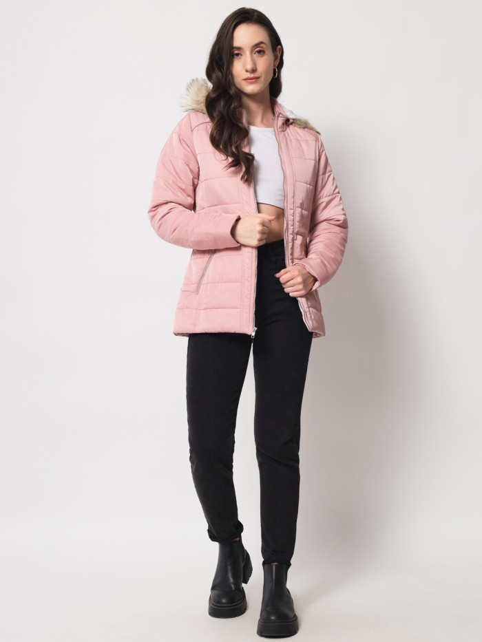 A model showcasing Women Puffer Jacket With Removable Faux Fur & Chinese Collar thumbnail.