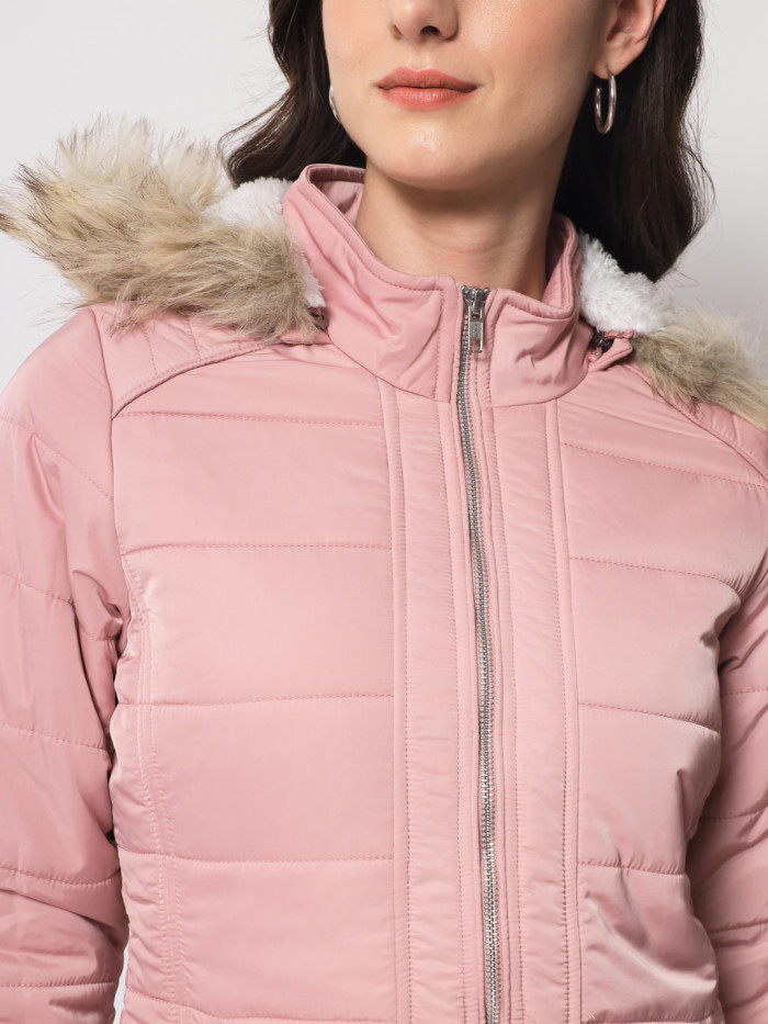 A model showcasing Women Puffer Jacket With Removable Faux Fur & Chinese Collar thumbnail.