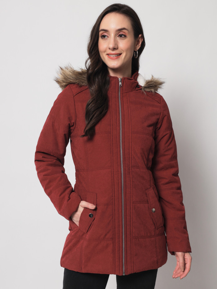 Women Quilted High Neck Jacket With Removable Hood - Maroon