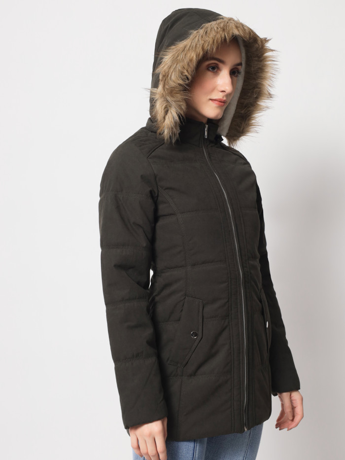 A model showcasing Women Quilted High Neck Jacket With Removable Faux Fur Trim thumbnail.