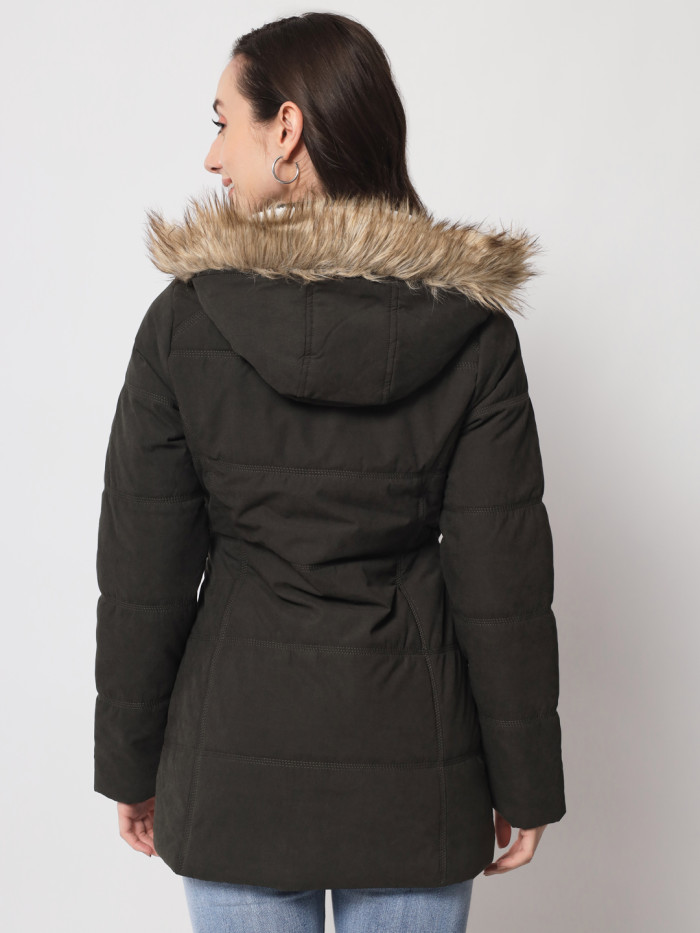 A model showcasing Women Quilted High Neck Jacket With Removable Faux Fur Trim thumbnail.