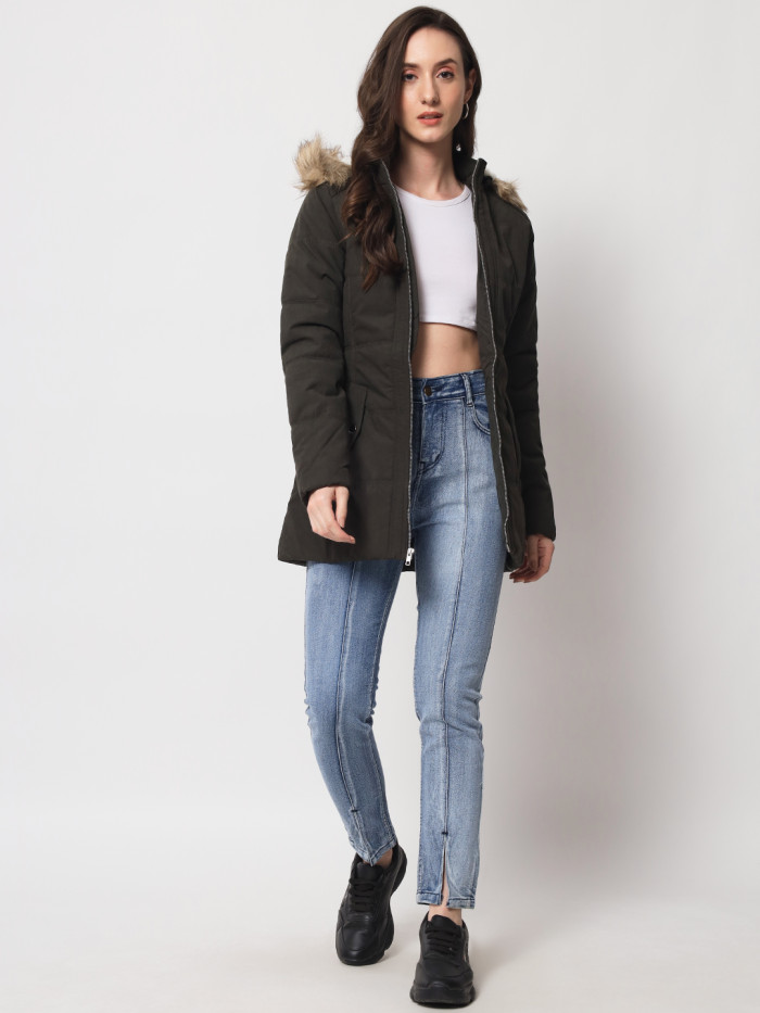 A model showcasing Women Quilted High Neck Jacket With Removable Faux Fur Trim thumbnail.