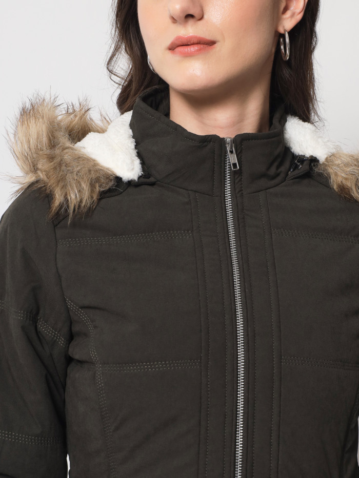 A model showcasing Women Quilted High Neck Jacket With Removable Faux Fur Trim thumbnail.