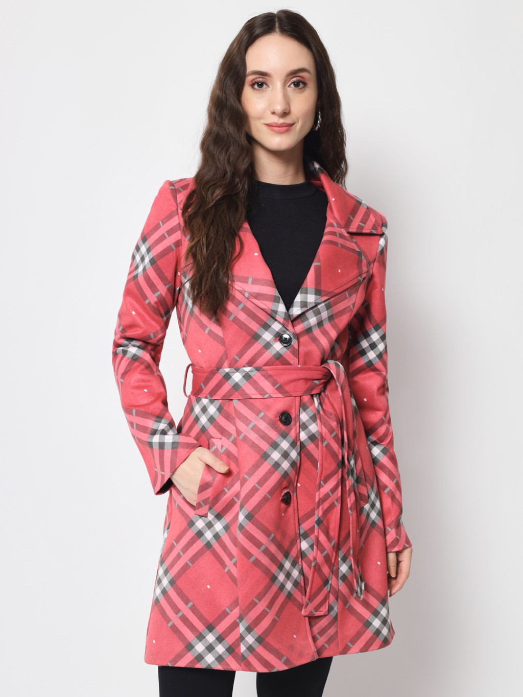 A woman wearing a Red Checkered Long Coat