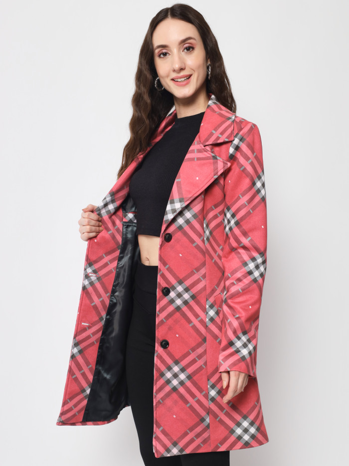 A right pose of a woman wearing a Red Checkered Long Coat with lapel collar, belt, button closure and side pocket designed for casual and formal winter layering and comfort.