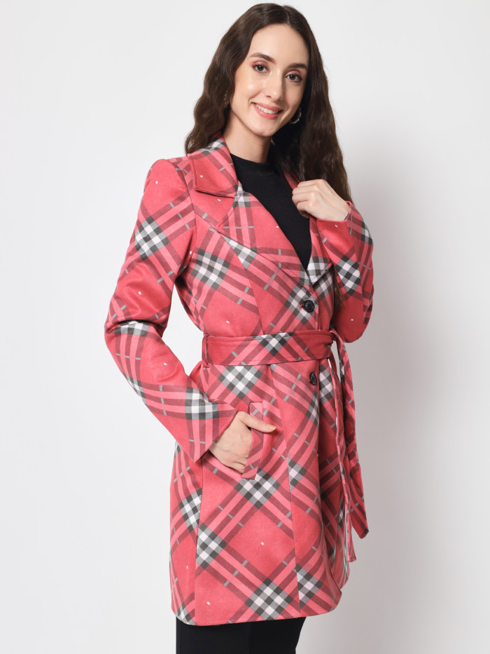 A left pose of a woman wearing a Red Checkered Long Coat with a lapel collar, belt, button closure and pocket in hand designed for casual and formal winter layering and comfort.