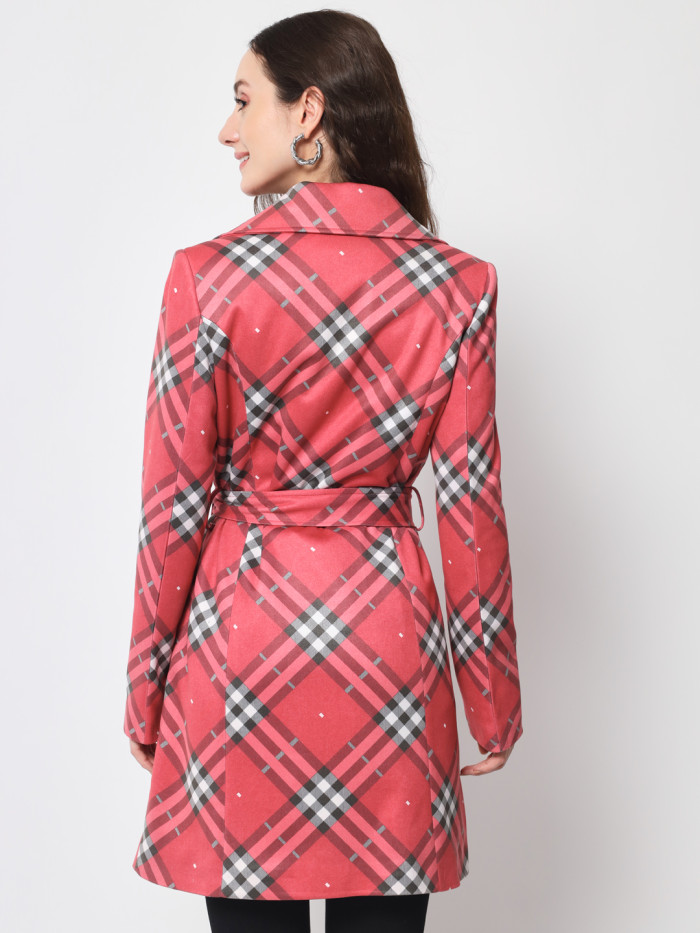 A back pose of a woman wearing a Red Checkered Long Coat with a lapel collar and matching belt designed for formal and casual winter layering and comfort.