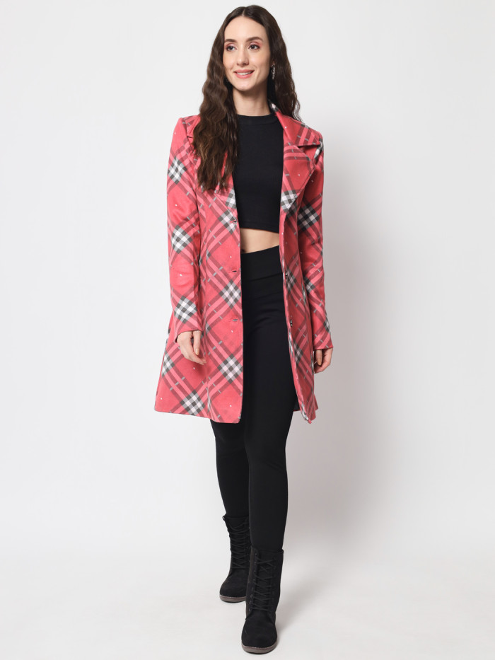 A woman wearing a Red Checkered Long Coat with lapel collar, belt, button closure and pocket in hand designed for formal and casual winter layering and comfort.