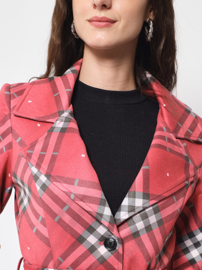 A cropped image of a woman wearing a Red Checkered Long Coat with a lapel collar and matching belt designed for formal and casual winter layering and comfort.