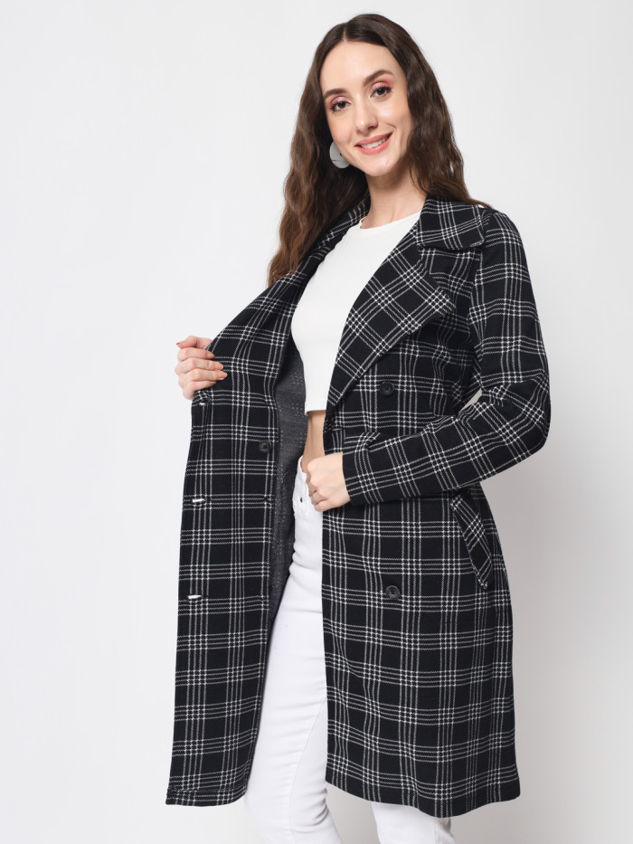 A right pose of a woman wearing a Black Checkered Long Coat with lapel collar, belt, button closure and side pocket designed for casual and formal winter layering and comfort.