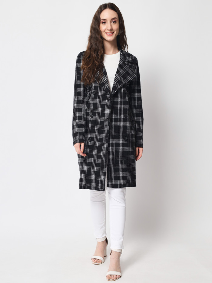 A woman wearing a Black Checkered Long Coat with lapel collar, belt, button closure and pocket in hand designed for formal and casual winter layering and comfort.