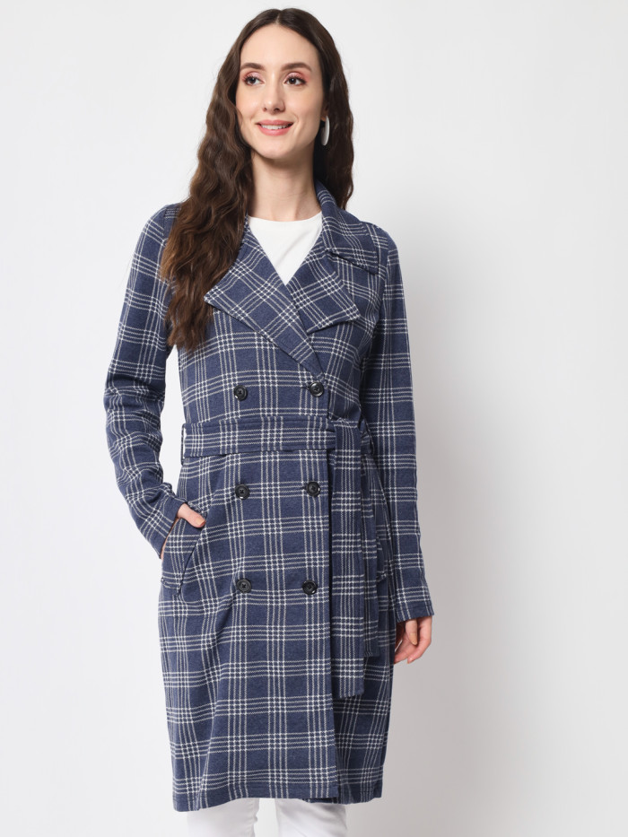 A cropped image of a woman wearing a Denim Checkered Long Coat with a lapel collar and matching belt designed for formal and casual winter layering and comfort.