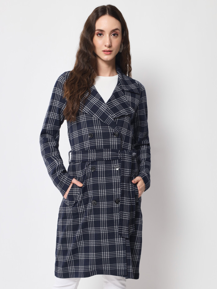 A cropped image of a woman wearing a Navy Checkered Long Coat with a lapel collar and matching belt designed for formal and casual winter layering and comfort.