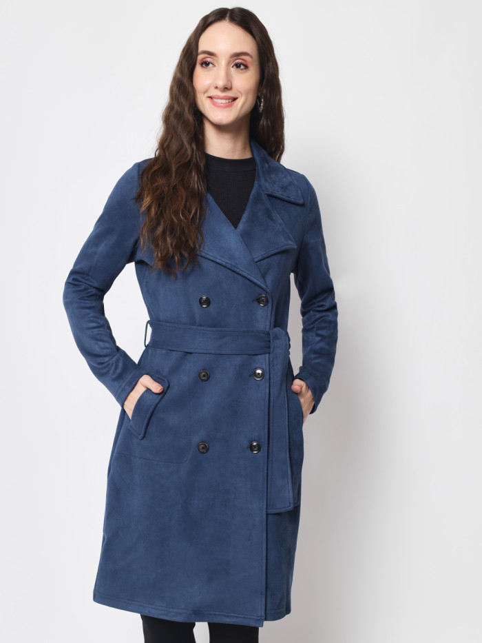 A cropped image of a woman wearing a Denim Color Long Coat with a lapel collar and matching belt designed for formal and casual winter layering and comfort.