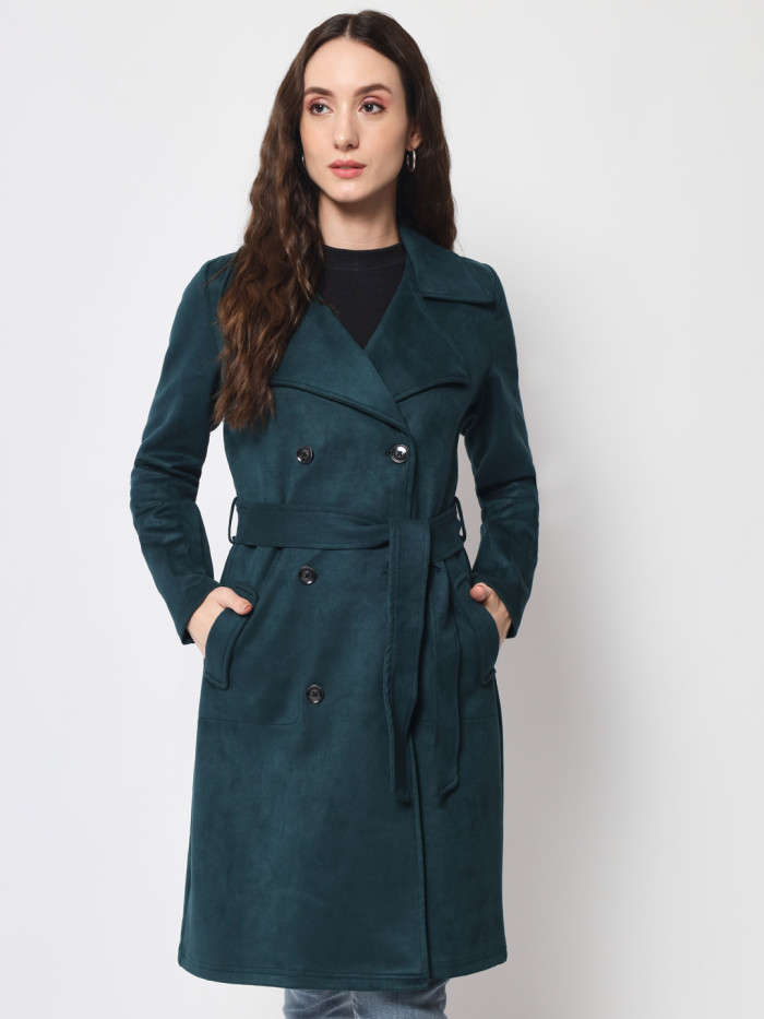 A cropped image of a woman wearing an Emerald Green Long Coat with a lapel collar and matching belt designed for formal and casual winter layering and comfort.